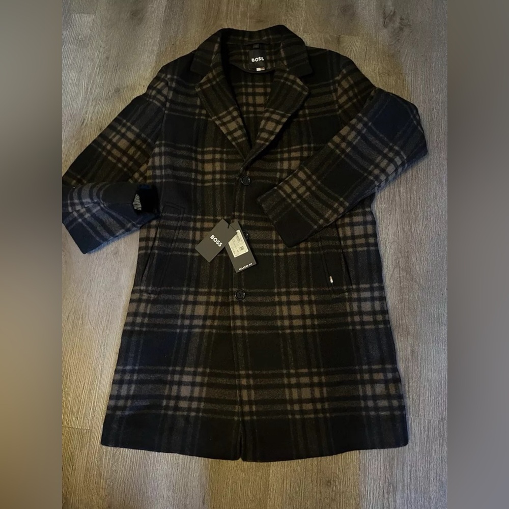 Hugo Boss Mens Cam Check Relaxed Fit Wool Over Coat 40R MSRP $795